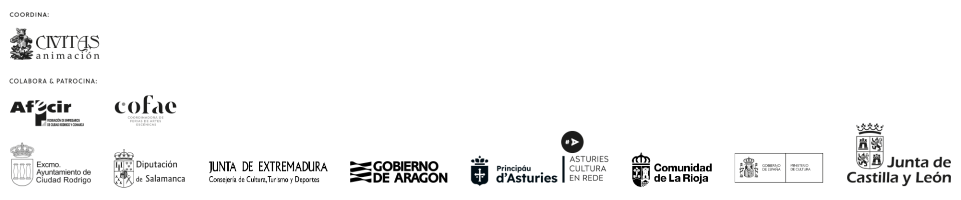 Coordina: Cívitas. Colabora y patrocina: AFECIR, COFAE, Ayuntamiento de Ciudad Rodrigo, Diputación de Salamanca, Junta de Extremadura, Gobierno de Aragón, Asturies Cultura en Rede, Comunidad de La Rioja y Gobierno de España — Ministerio de Cultura